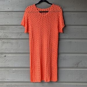 VTG 80s Handmade Orange Crochet Dress Sheer Size Medium